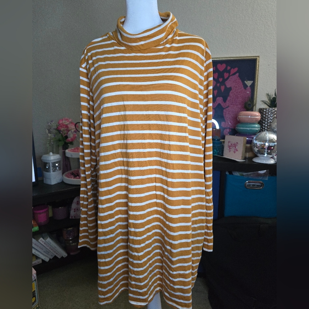 Striped Mustard and White Turtleneck Top